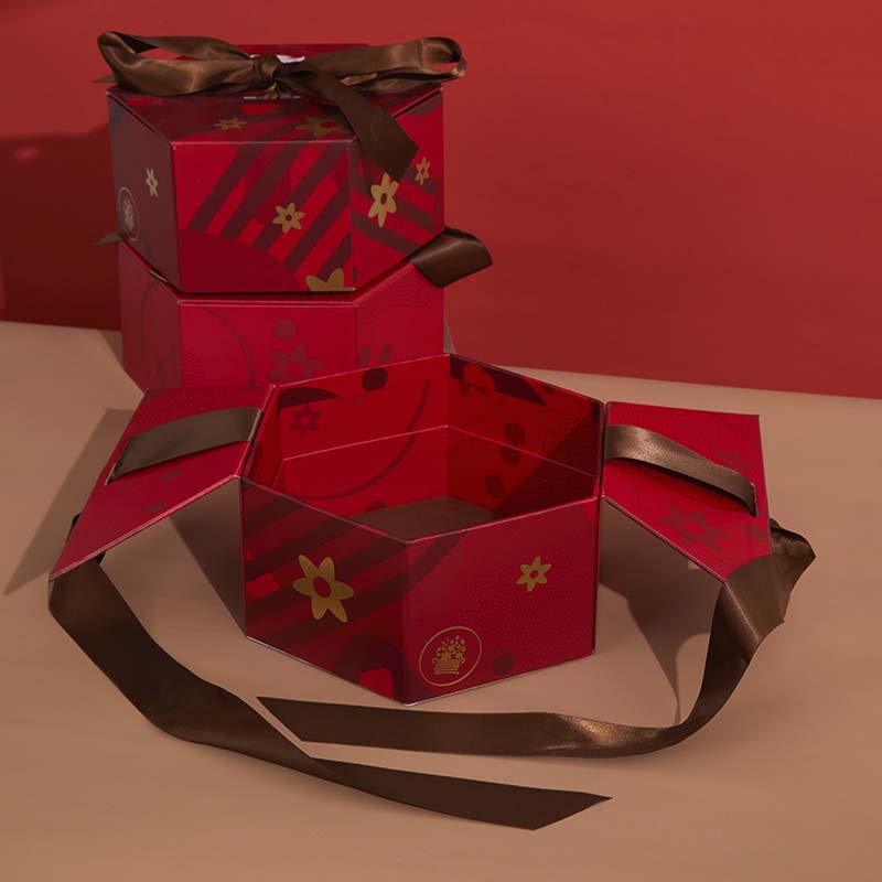 Chinese Red Foldable Design Double Opening Clamshell Ribbon Bow Closure Food Gift Packaging Cardboard Box For Candy Cake Chocolate