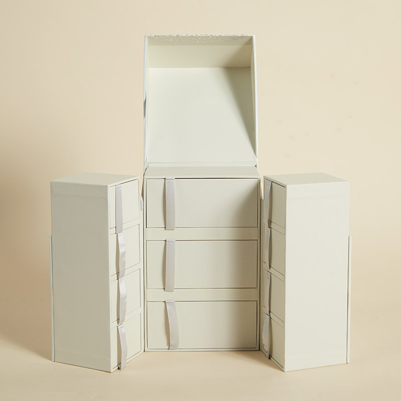 Novel Clamshell Double Open Door Small Drawer Multi Layer With Ribbon Gilding White Jewelry Gift Box